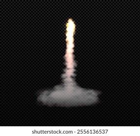 3d rocket trail with golden fiery glow. Thick smoke. Realistic. White smoke effect. Launching jet or spaceships. Decorative design element. Vector illustration isolated on a transparent background.