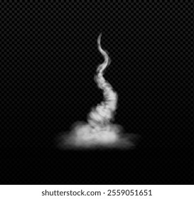 3d rocket trail. Thick spiral of smoke isolated on a dark transparent background. White fog rises from a thick cloud of smoke. Launching a spaceship or jet. Aviation. Realistic. Vector illustration.