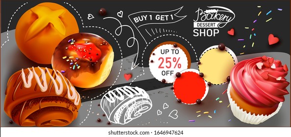 3D Roll with icing.Pastry. Poppy seed bun.Butter roll.Sweet Muffin.Confectionery on black background.logo.Arrow.White dotted line.Vector illustration.