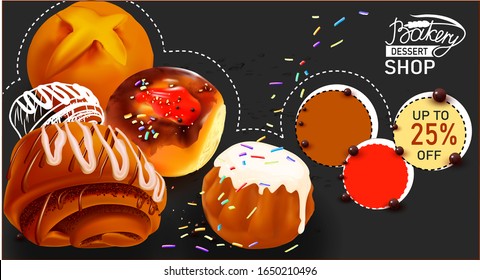 3D Roll with icing.Pastry. Poppy seed bun.Butter roll.Sweet Muffin.Confectionery on black background.logo.Arrow.White dotted line.Vector illustration.