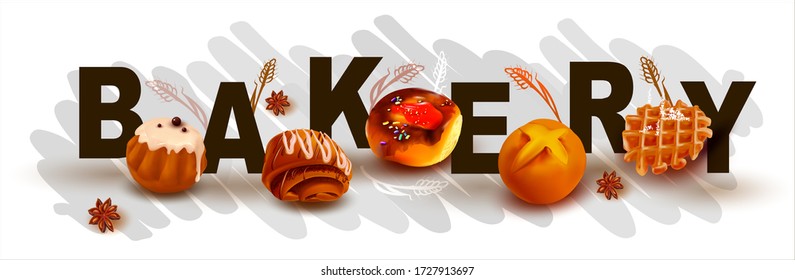 3D Roll with icing.Pastry. Poppy seed bun.Butter roll.Sweet Muffin.Vector illustration.