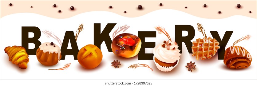 3D Roll with icing.Pastry.Fresh Croissant.Poppy seed bun.Butter roll.Sweet Muffin.Logo, Inscription for the Sale of Pastry, Baking.Vector illustration.