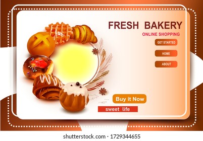 3D Roll with icing.Pastry.Poppy seed bun.Butter roll.Confectionery. Arrow.3D Fresh Croissant.Online Shopping.Web Banner Design Template.Online store for the sale of pastries,bakery confectionery.