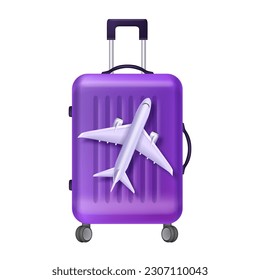 3D rolling luggage, travel baggage clipart, vector purple vacation suitcase, airport bag icon wheels. Realistic journey handbag, tourism plastic modern valise, summer vacation concept. 3D luggage