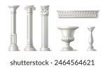 3d roman column. White greek marble pillar vector. Rome temple architecture isolated realistic sculpture art design. Doric colonnade and ornate baluster render decoration. Baroque italian pilar
