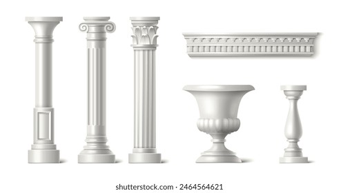 columna romana 3d. Vector de pilar de mármol blanco griego. La arquitectura del templo de Roma aisló el diseño realista del arte de la escultura. Columnata dórica y balaustre ornamentado representan la decoración. Pilar barroco italiano