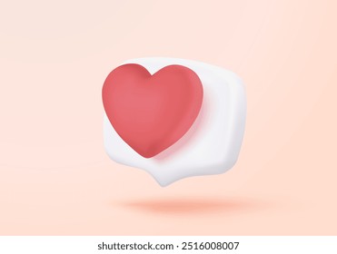 3D romance icon on social media online platform. speech bubble with heart and love emoji icon, like and play, surprise marriage. 3d heart icon vector render illustration