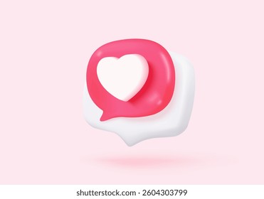 3D romance icon on social media online platform. speech bubble with heart and love emoji icon, like and play, surprise marriage. 3d heart icon vector render illustration