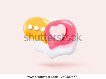3D romance icon on social media online platform. speech bubble with heart and love emoji icon, like and play, surprise marriage. 3d heart icon vector render illustration