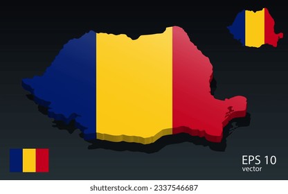 3D Romania map and flag . 3D shape design . Independence day concept . Perspective view . Vector