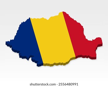 3D  Romania map with flag. Three dimensional map of Romania with shadow. Flag of Romania on white background for your design, app, UI.  Stock vector. EPS10. 