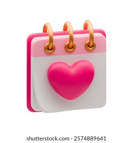 3D romantic calendar with pink heart. Realistic valentine concept, love schedule planner, birthday reminder, wedding calendar icon. Vector symbol of love isolated on white