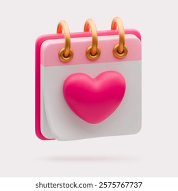 3D romantic calendar with pink heart. Realistic valentine concept, love schedule planner, birthday reminder, wedding calendar icon. Vector symbol of love isolated on white