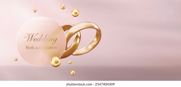 3D romantische Komposition mit goldenen Hochzeitsbändern hinter Glaskreis auf weichbeigem Hintergrund mit Platz für Text. Metallische Kugelelemente schweben um Ringe für die eheliche Einladung Design.