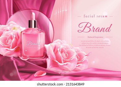 3d romantic facial serum product ad template. Dropper bottle mock-up displayed on a stair covered by pink satin fabric with roses and glass disk.