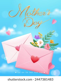 3D romantic Mothers Day card. Love letter and flower decors on blue sky background with clouds.