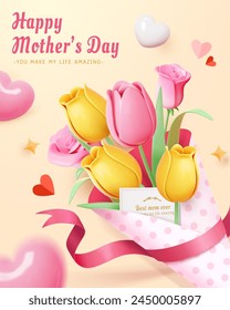 3D Romantic Mother's Day poster. Flower bouquet on light beige background with heart decors.