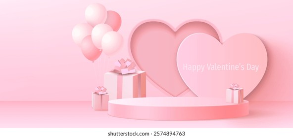 3d romantic podium with heart backdrop, balloons and present boxes - gentle circular stage composition for merchandise display or greeting design. Soft rose scene with Valentine Day message.