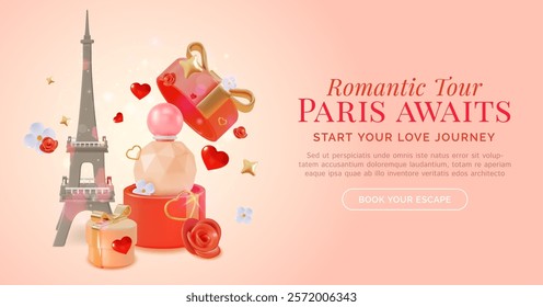 3d Romantic Tour Paris Awaits Travel and Tourism Concept Ads Banner Poster Card. Vector illustration of Tower with Perfume Bottle and Gift Box