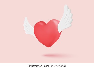 3d romantic valentine composition. Valentine's Day festive decorative objects, heart shape with wings is flyer, heart and love emoji icon feeling in love. 3d romance icon vector render illustration