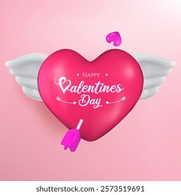 3D romantic Valentine Day composition featuring festive decorative elements, including a heart with wings. perfect for flyers and romantic themes.