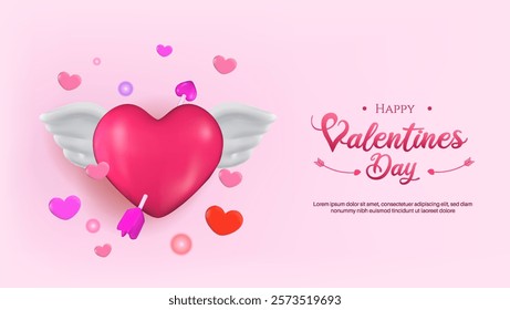 3D romantic Valentine Day composition featuring festive decorative elements, including a heart with wings. perfect for flyers and romantic themes.