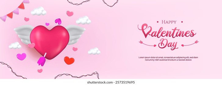 3D romantic Valentine Day composition featuring festive decorative elements, including a heart with wings. perfect for flyers and romantic themes.