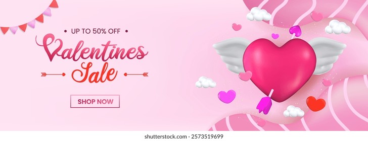 3D romantic Valentine Day composition featuring festive decorative elements, including a heart with wings. perfect for flyers and romantic themes.