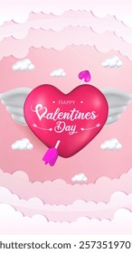 3D romantic Valentine Day composition featuring festive decorative elements, including a heart with wings. perfect for flyers and romantic themes.