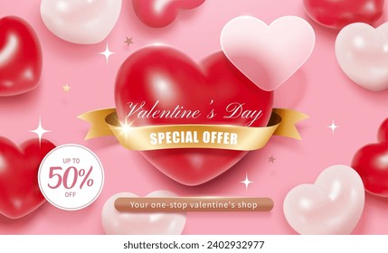 3D romantic Valentine sale banner with glassmorphism love plate and hearts on light pink background.