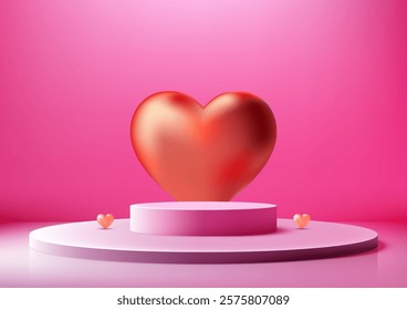 3D romantic Valentines Day scene with a glossy red heart on a pink and white platform, by smaller hearts and set against a vibrant pink backdrop. Product mockups or love designs