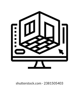 Icono vectorial de línea del diseñador de líneas de diseño de 3d room modeling. Señal de diseño interior de modelado de habitaciones en 3d. símbolo de contorno aislado ilustración negra