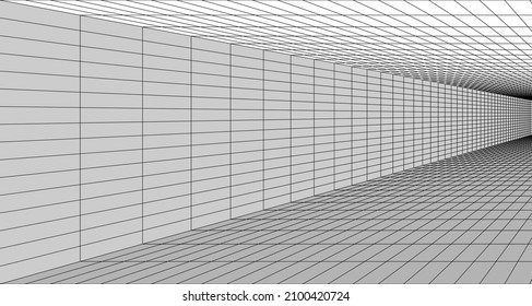 3D Room perspective view,  grid lines wireframe. Virtual reality or game background, hallway, corridor or tunnel. walls and floor tiled simple pattern. Vector illustration