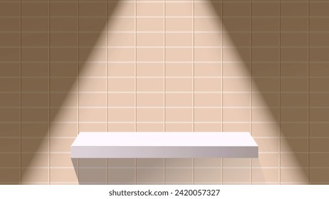 3D room with product shelf and a beige colored tiled wall background. Square and rectangular tile wall, realistic 3d podium with hanging neon sunlight. Stage showcase and product display vector.