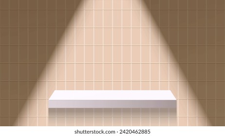 3D room with product shelf and a beige colored tiled wall background. Square and rectangular tile wall, realistic 3d podium with hanging neon sunlight. Stage showcase and product display vector.