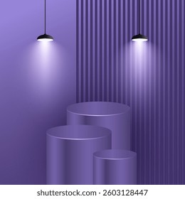 3D room with realistic cylinder pedestal podium set and hanging studio light overlay. Minimal scene for product display presentation.