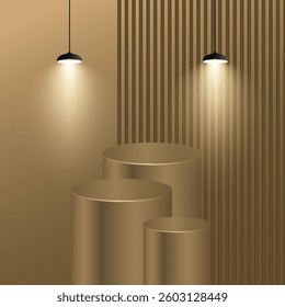 3D room with realistic cylinder pedestal podium set and hanging studio light overlay. Minimal scene for product display presentation.
