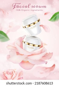 3d Rose Facial Serum Ad Template, Product Jar Mockup Displayed On Large Pink Roses.