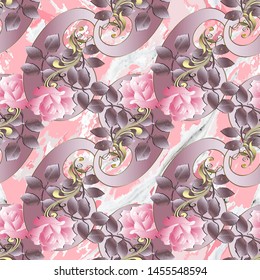 3d roses flowers seamless pattern. Ornamental floral vector background with marble effect. Ethnic style Paisley flowers ornament. Vintage patterned textured backdrop. Ornate design. Endless texture