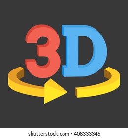 3D rotate button sign icon in red and blue color on black background. Yellow horisontal rotation arrow. Vector illustration.
