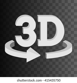 3D rotate button sign in solid grayscale colors icon on black transparent background. Blank horisontal rotation arrow. Vector illustration.