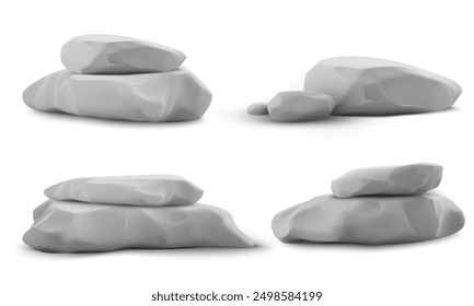 Podio de piedra en bruto 3D, soporte de pila de granito para exhibición y presentación de productos. Conjunto de Vector de pedestal de escaparate de mármol realista. Escena de plataforma de roca gris natural, losa de roca de superficie brillante