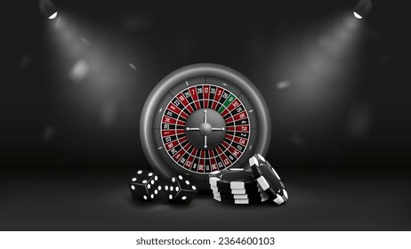 3d roulette for casino with dice and poker chips in black and white with glowing lamps on a dark background.