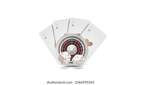 3d roulette for casino with poker cards and dice in white on a light background. The concept for a casino in realism.