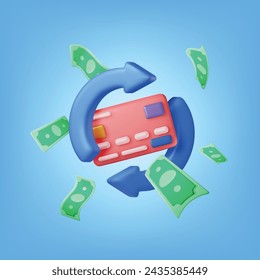 3D Round Arrow with Bank Card and Dollars. Render Cashback or Return Money in Shopping. Concept of Payment with Money Back. Refund and Digital Payment. Return of Investment. Vector Illustration