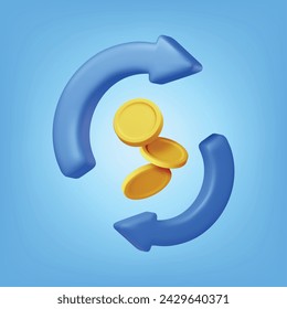 3D Round Arrow with Golden Coins Isolated. Render Cashback or Return Money in Shopping. Concept of Payment with Money Back. Refund and Digital Payment. Return of Investment. Vector Illustration