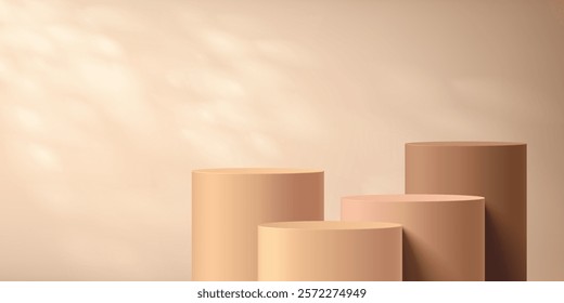 3D round beige, brown podium background with leaf light, Shadow. Abstract geometric composition minimalist design. Studio display showroom stands product pedestal, Fashion stage showcase mockup scene.