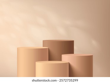 3D round beige, brown podium background with leaf light, Shadow. Abstract geometric composition minimalist design. Studio display showroom stands product pedestal, Fashion stage showcase mockup scene.