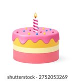 3d round birthday cake with pink drip icing, layered sponge, candy sprinkles, and a single striped candle with flame, isolated on light background. 3d rendering. Vector illustration