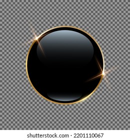 3d Round Black Glossy Button With Gold Ring Frame Vector Illustration. Glass Badge Of Circle Shape, Reflection And Shiny Light Effect, Realistic Crystal Sphere Mockup On Transparent Background